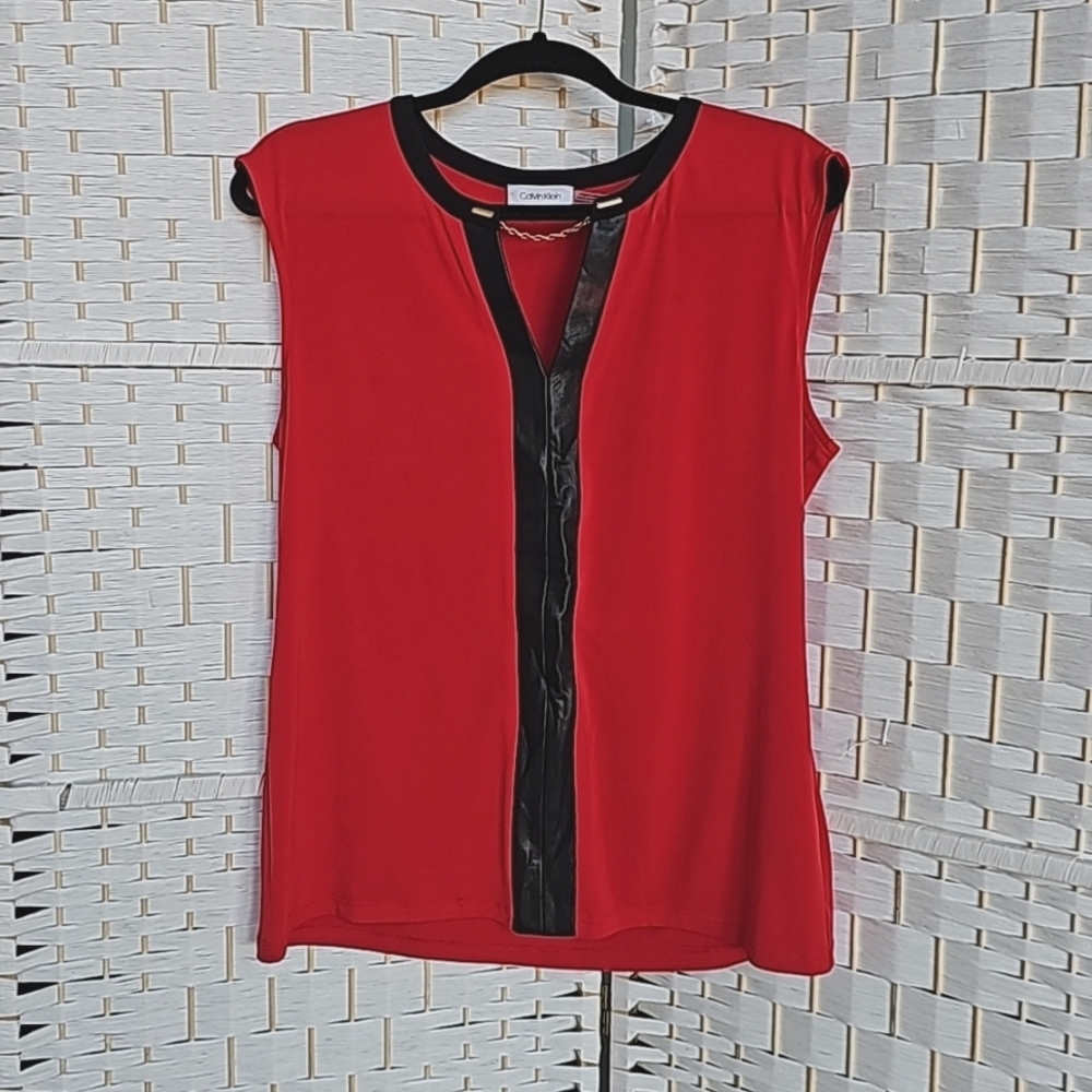 Calvin Klein Red Shell with Black Faux Leather Trim and Gold Chain - L